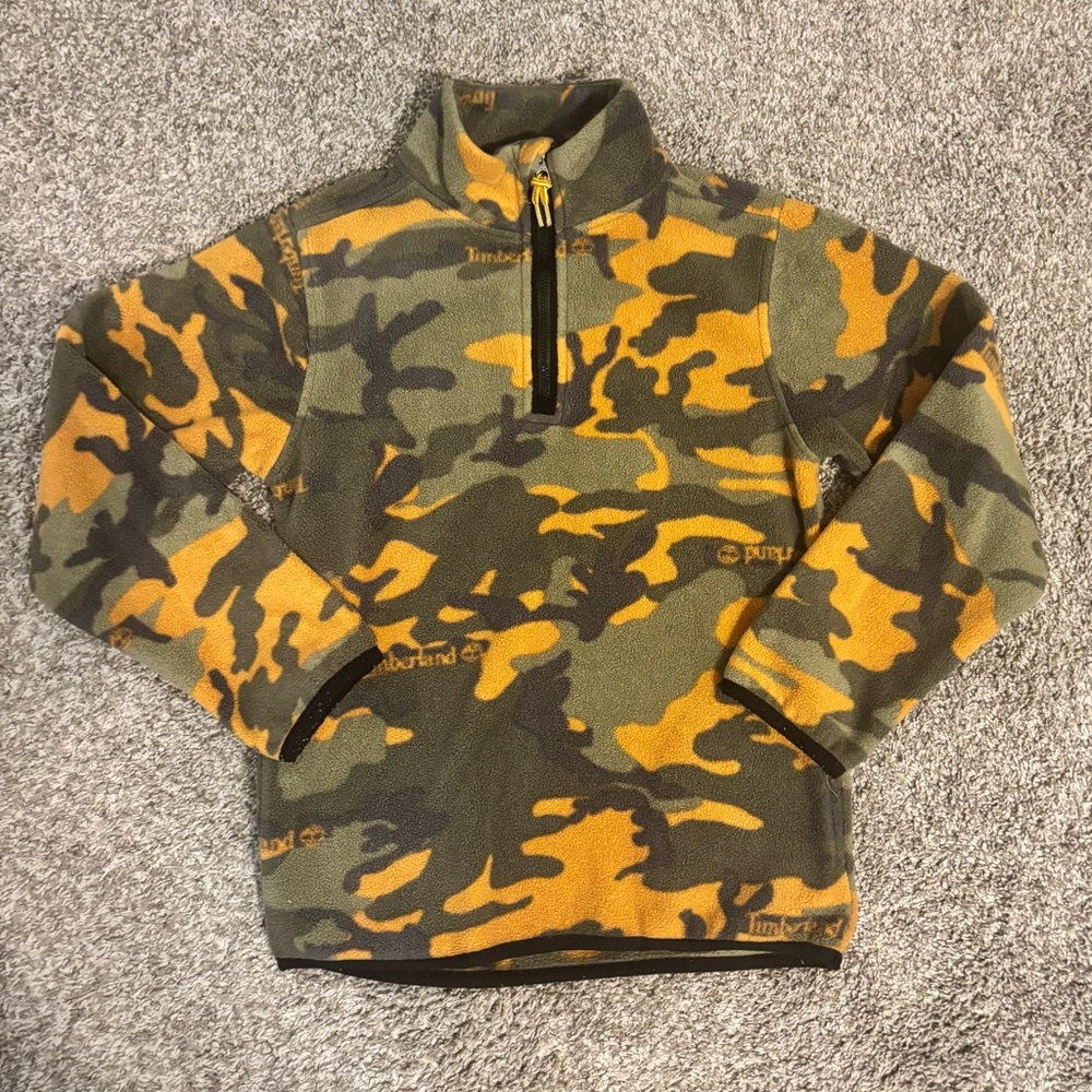 TIMBERLAND Long Sleeve Fleece Green Camouflage 1/4 Zip Jacket Kids Youth 8